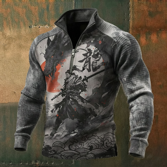 Men's Samurai&Dragon Ink Style Long-Sleeve High-Neck Quarter-Zip Waffle Pullover
