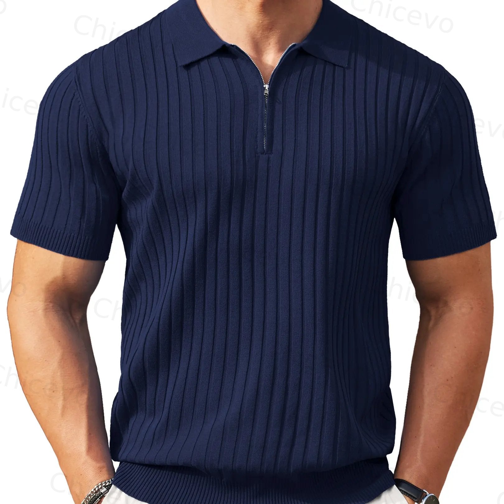 Men's Zipper Short Sleeve Ribbed Knit Polo T Shirts Golf Shirts