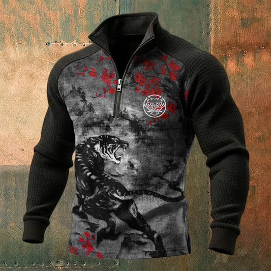 Ink-Wash Plum Blossom & Tiger Chinese Ancient Art Printed Pullover Hoodie
