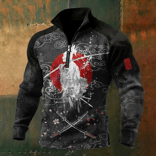 Men's Samurai Japanese Style Long-Sleeve High-Neck Quarter-Zip Waffle Pullover