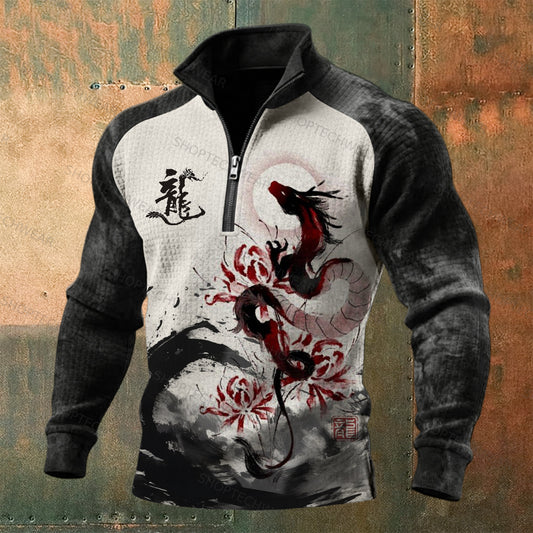 Ink-Wash Lycoris & Dragon Chinese Rune Printed Pullover Quarter-Zip Sweatshirt