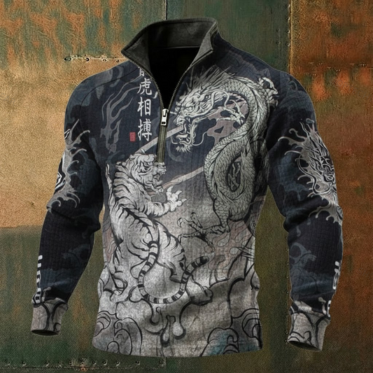 Men's Dragon&Tiger Long-Sleeve High-Neck Quarter-Zip Waffle Pullover