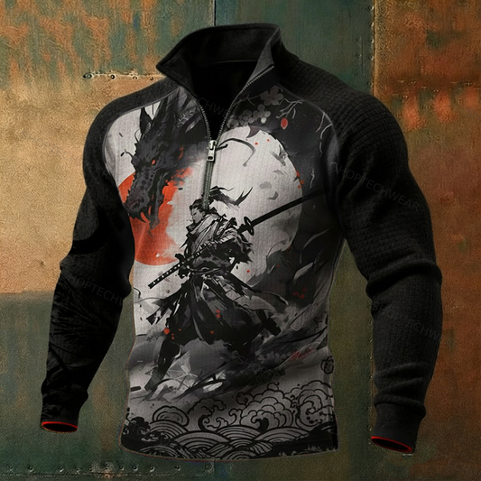 Men's Oriental Ink Dragon Art Long-Sleeve High-Neck Quarter-Zip Waffle Pullover