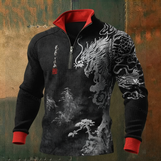 Men's Tiger Dragon Ink Style Long-Sleeve High-Neck Quarter-Zip Waffle Pullover