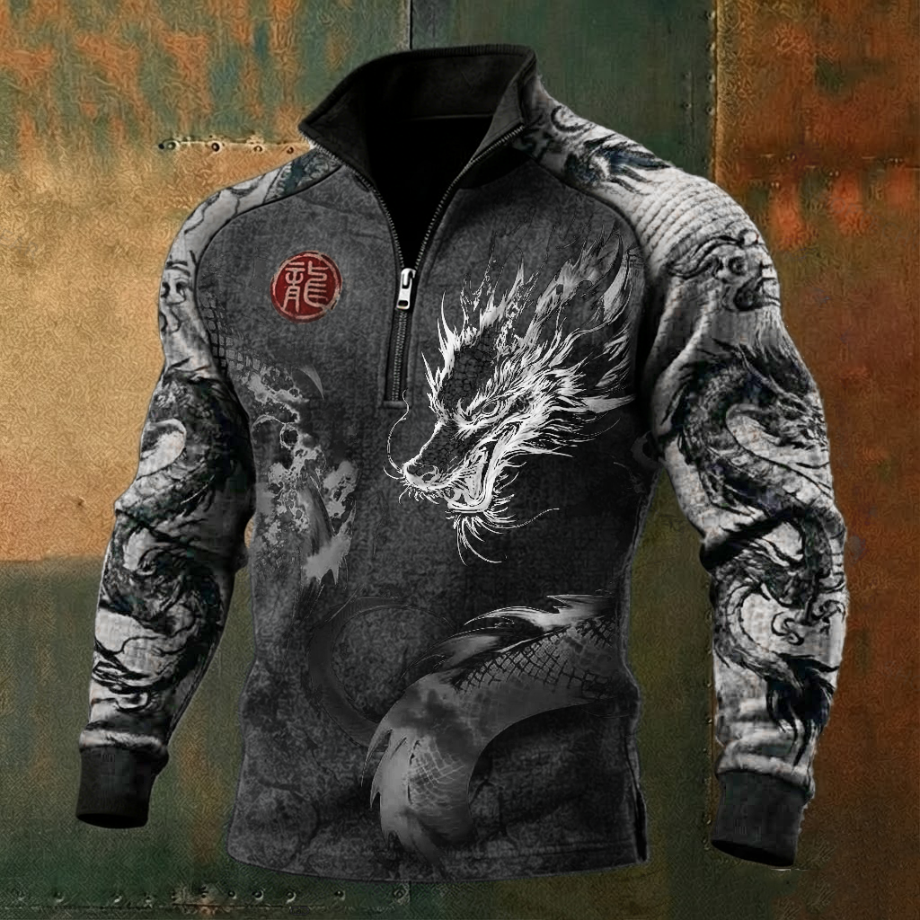 Men's Dragon Japanese Style Long-Sleeve High-Neck Quarter-Zip Waffle Pullover