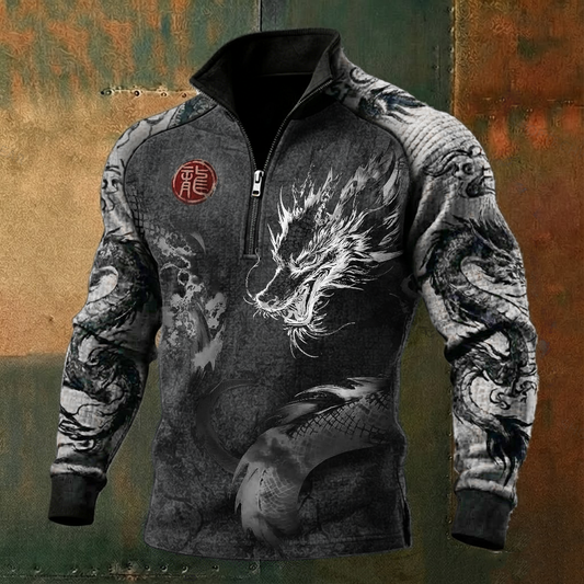 Men's Dragon Japanese Style Long-Sleeve High-Neck Quarter-Zip Waffle Pullover