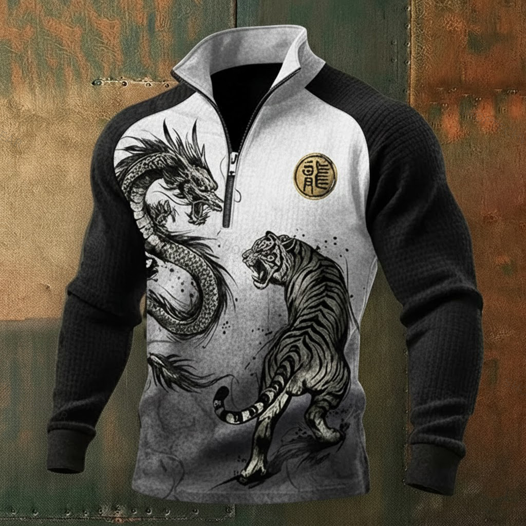 Men's Oriental Ink Dragon&Tiger Gradient Long-Sleeve High-Neck Quarter-Zip Waffle Pullover