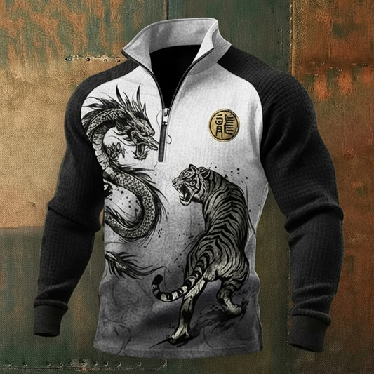 Men's Oriental Ink Dragon&Tiger Gradient Long-Sleeve High-Neck Quarter-Zip Waffle Pullover
