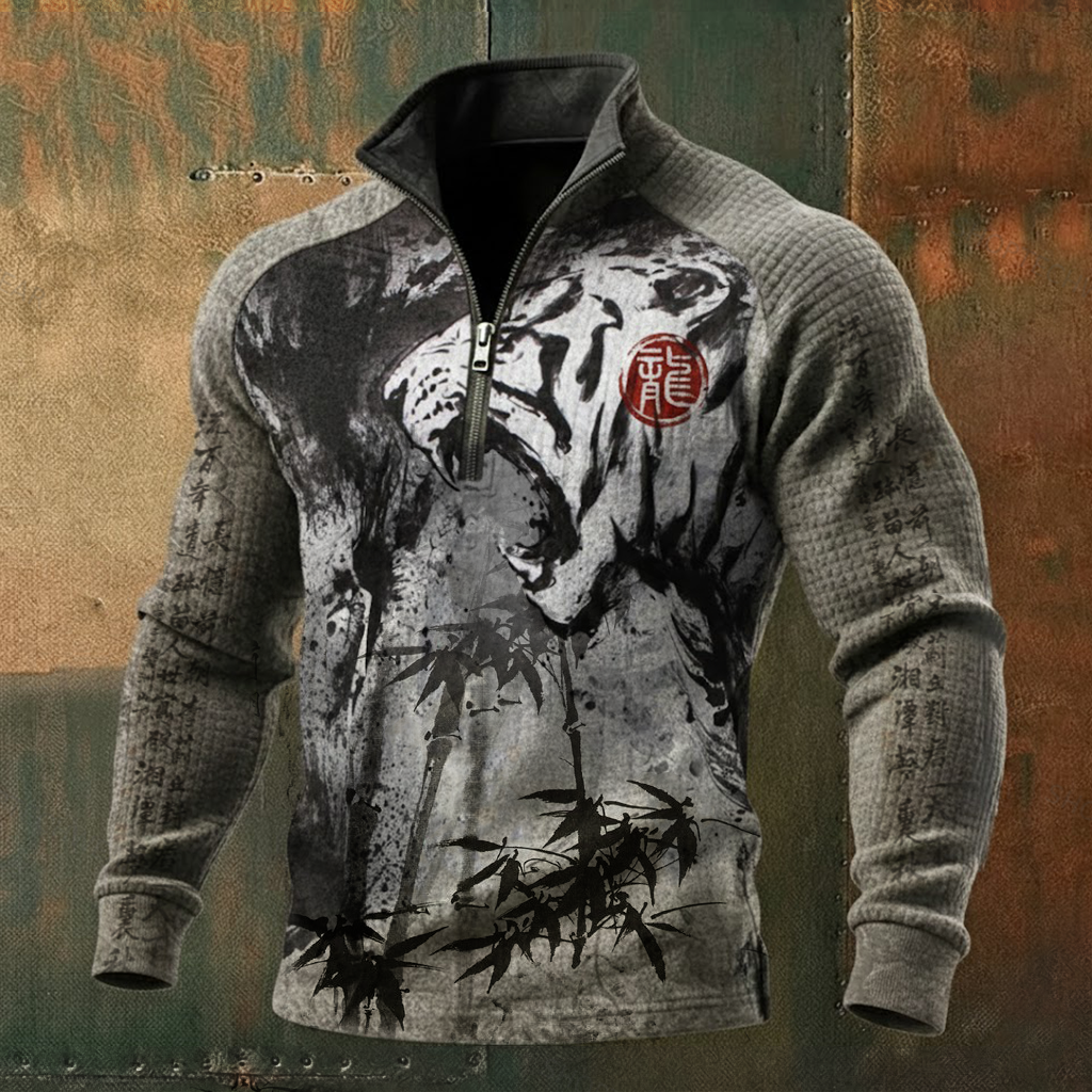 Men's Tiger Bamboo Ink Style Long-Sleeve High-Neck Quarter-Zip Waffle Pullover