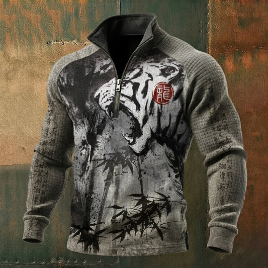 Men's Tiger Bamboo Ink Style Long-Sleeve High-Neck Quarter-Zip Waffle Pullover