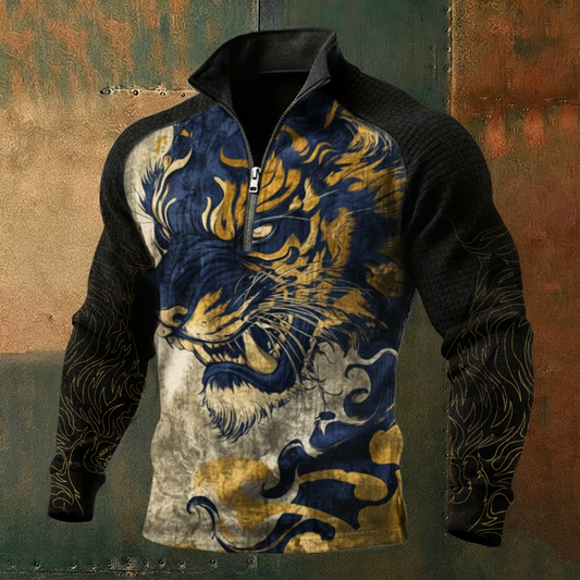 Men's Ink Golden Tiger Long-Sleeve High-Neck Quarter-Zip Waffle Pullover