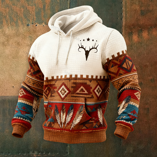 Navajo-Inspired Graphic Hoodie Tribal Pattern Deer Skull Quilted Top