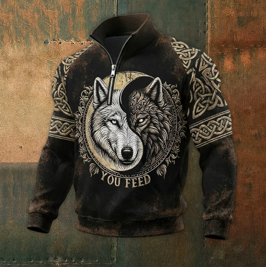 Men's Viking "The One You Feed" Two Wolves Legend Quarter-Zip Pullover Celtic Sweatshirt