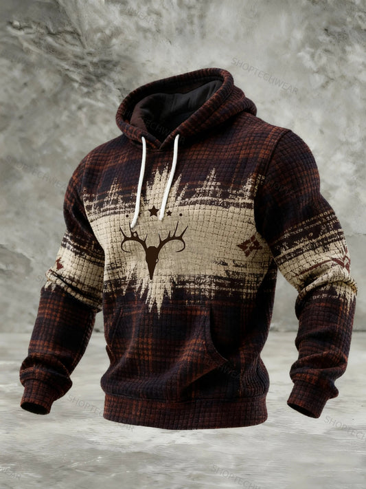 Navajo-Inspired Graphic Hoodie Tribal Aztec Print with Deer Head Details