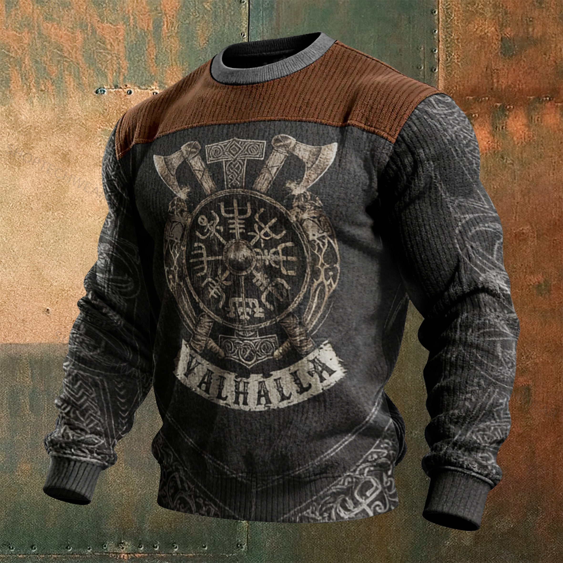 Viking Warrior Weapon Totem Printed Ribbed Knit Pullove