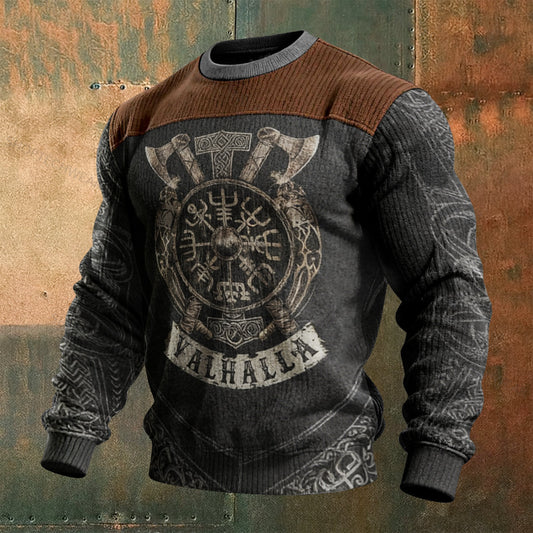 Viking Warrior Weapon Totem Printed Ribbed Knit Pullove