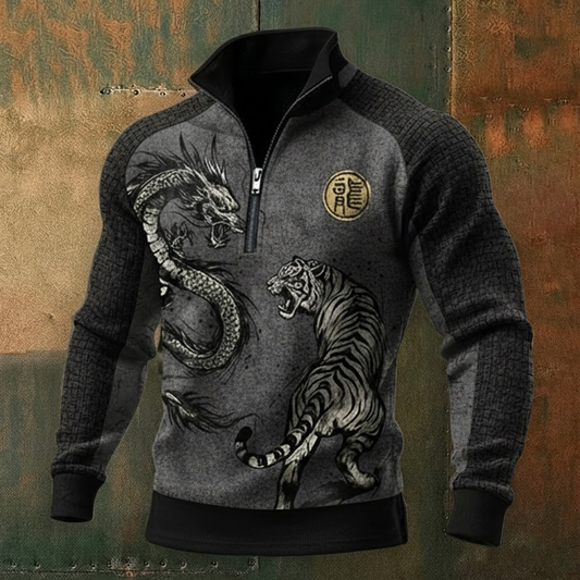 Men's Oriental Ink Dragon Art Two-Tones Long-Sleeve High-Neck Quarter-Zip Waffle Pullover