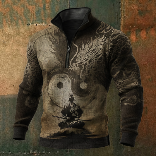 Men's Oriental Yin Yang Ink Art Long-Sleeve High-Neck Quarter-Zip Waffle Pullover