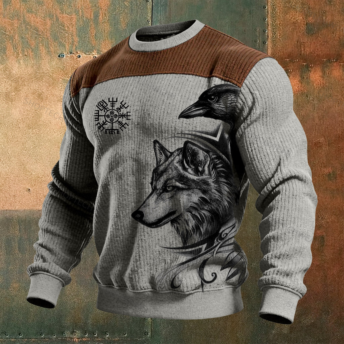 Viking Wolf & Raven Totem Art Printed Ribbed Knit Pullover