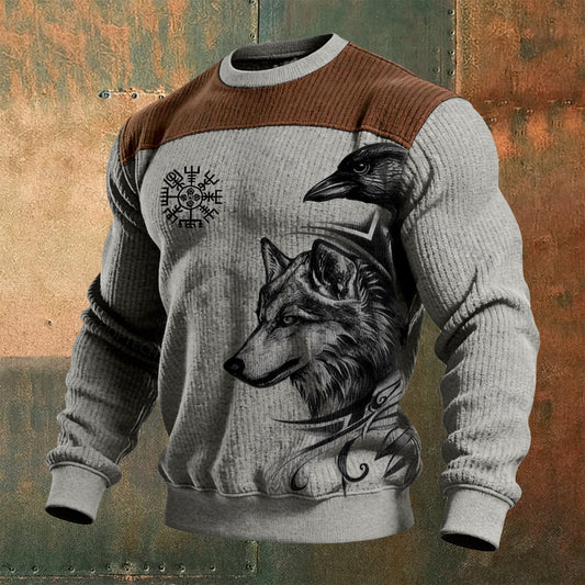 Viking Wolf & Raven Totem Art Printed Ribbed Knit Pullover