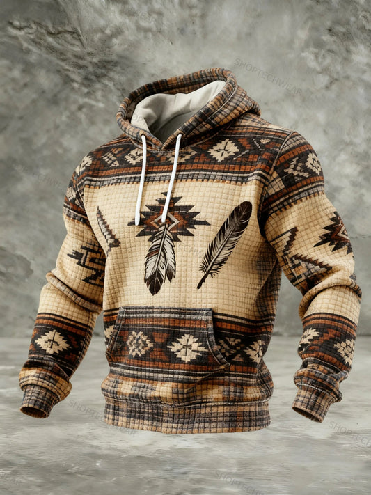 Navajo-Inspired Tribal Feather & Deer Skull Accents Graphic Print Bohemian Hoodie